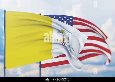 Winkende amerikanische Flagge und Flagge der Vatikanstadt. Nahaufnahme, 3D-Illustration. Stockfoto