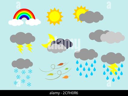 Wettersymbole eingestellt. Flache Vektorsymbole auf hellblauem Hintergrund. Stock Vektor