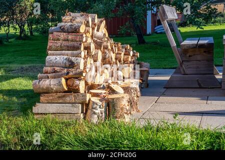 Nahaufnahme von frisch gestapelten Holzstämmen auf Grillplatz, Garten. Eine Menge Birken-Baumstämme geerntet, um zum Grillen verwendet werden. Sommerabend, grün Stockfoto