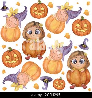 Halloween Nahtloses Muster. Niedliche Illustrationen - Kinder in einem orangefarbenen Kürbis, ein eiliges Kind in einem Hexenhut, Jack Kürbis und eine Taschenlampe Stockfoto