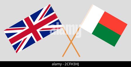 Gekreuzte Flaggen von Madagaskar und Großbritannien. Offizielle Farben. Korrektes Verhältnis. Vektorgrafik Stock Vektor