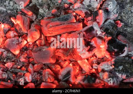 Aktiv schwelende Glut des Feuers. Die Textur des Kohlenfeuers. Hintergrund brennender heißer Kohlen. Flackern brennender Kohlen in der Nacht Stockfoto