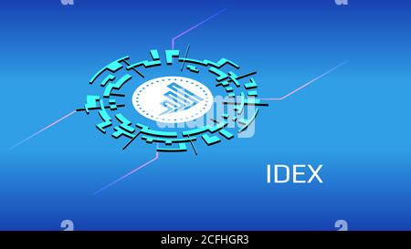 IDEX isometrisches Token-Symbol des DEFI-Projekts im digitalen Kreis auf blauem Hintergrund. Kryptowährung-Symbol. Dezentrale Finanzierungsprogramme. Vektor. Stock Vektor