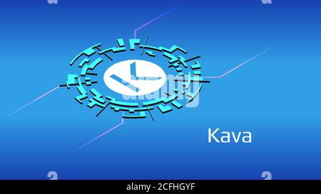 KAVA isometrisches Token-Symbol des DEFI-Projekts im digitalen Kreis auf blauem Hintergrund. Kryptowährung-Symbol. Dezentrale Finanzierungsprogramme. Vektor. Stock Vektor