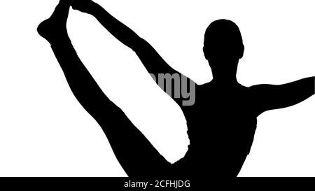 Silhouette Junge Frau tun Yoga-Übung Utthita Hasta Padangustasana. Stockfoto