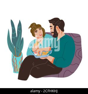 Zeit zusammen Paar in der Liebe sitzen auf der Couch, reden und essen. Romantisches Abendessen zu Hause. Stock Vektor