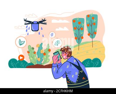 Smart Farming Technologie und landwirtschaftliche drahtlose System-Konzept mit Landwirt. Stock Vektor