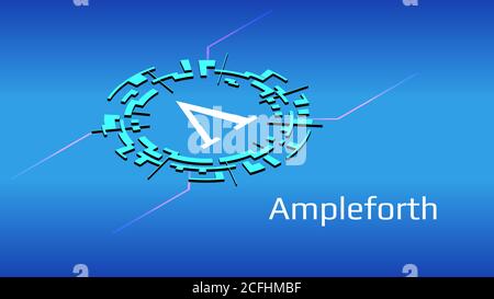 Ampleforth AMPL isometrisches Token-Symbol des DEFI-Projekts im digitalen Kreis auf blauem Hintergrund. Kryptowährung-Symbol. Dezentrale Finanzierungsprogramme. Stockfoto