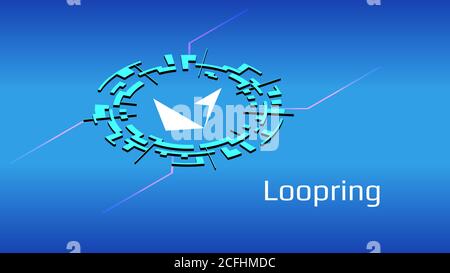 Loopring LRC isometrisches Token-Symbol des DEFI-Projekts im digitalen Kreis auf blauem Hintergrund. Kryptowährung-Symbol. Dezentrale Finanzierungsprogramme. Stockfoto