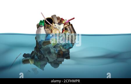 Meeresverschmutzung und Meeresmüll oder menschlicher Müll in der Wasser und aquatische Lebensräume verschmutzen das Meer und verursachen Umweltschäden in Eine 3D-Illustration sty Stockfoto