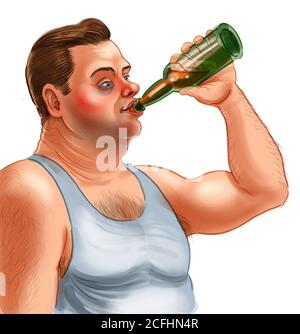 Alkoholischer Mann trinkt Bier aus der Flasche. Digitale Illustration Stockfoto