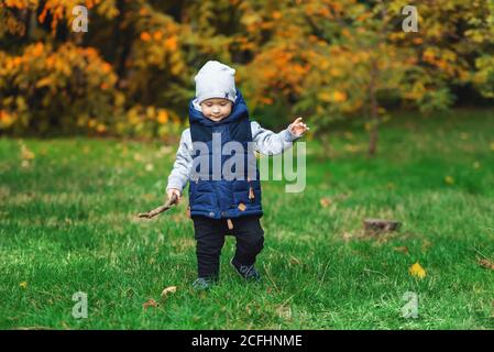 Niedliches Kleinkind Baby Junge zu Fuß im Herbst Park. Stilvolles, zwei Jahre altes kaukasisches Kind Stockfoto