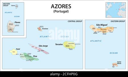 Administrative Vektorkarte des portugiesischen Archipels Azoren im Atlantischen Ozean, Portugal Stock Vektor
