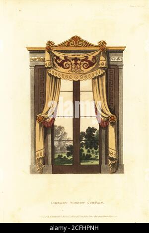 Regency-Ära Bibliothek Fenstervorhänge, 1815. Design für großartige architektonische Ergänzungen und Vorhänge, die palladianische oder venezianische Proportionen zu einer schmalen Fensterbucht hinzufügen. Handkolorierter Kupferstich aus dem Upholsterer's and Cabinet-Maker's Repository, bestehend aus sechsundsiebzig Entwürfen moderner und modischer Möbel, Rudolph Ackermann, London, 1830. Stockfoto