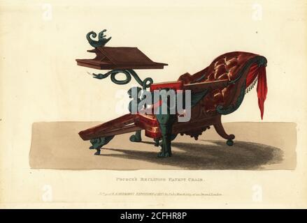 Pococks Patent-Stuhl mit Lehnen. Liegender Fauteuil-Stuhl mit verschiebbaren Fußhockern und Lesetisch. Ein Design mit klassischem Geschmack von den genialen Erfindern, Herrn William Pocock, von Southampton Street, Covent-Garden. Handkolorierter Kupferstich aus dem Upholsterer's and Cabinet-Maker's Repository, bestehend aus sechsundsiebzig Entwürfen moderner und modischer Möbel, Rudolph Ackermann, London, 1830. Stockfoto