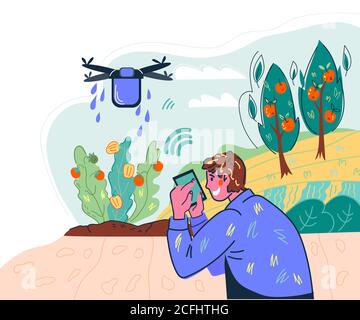 Smart Farming System und landwirtschaftliche Funktechnik mit Landwirt und Drohne. Stock Vektor
