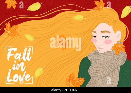 Happy Ingwer Mädchen mit einem Herbstblatt , genießen das Wetter. Hallo Fall. Herbstdesign für Banner, Poster, Print, Poster, Postkarte. Vektorgrafiken Stock Vektor