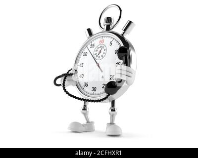 Stoppuhrzeichen, das einen Telefonhörer auf weißem Hintergrund isoliert hält Stockfoto