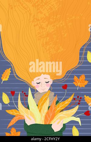 Happy Ingwer Mädchen mit einem Herbstblatt , genießen das Wetter. Hallo Fall. Herbstdesign für Banner, Poster, Print, Poster, Postkarte. Vektorgrafiken Stock Vektor