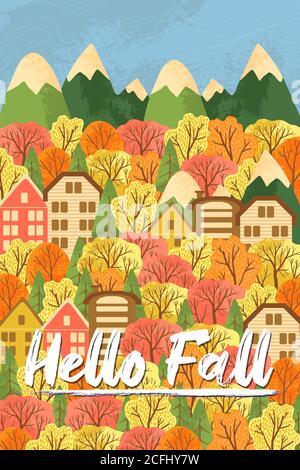 Herbstlandschaft mit Landhaus und Herbstwald. Postkarte Hallo Herbst. Vektorgrafik. Schöne Vorlage. Kann für Banner, Poster, c verwendet werden Stock Vektor