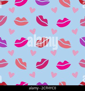 Nahtloses Muster mit Lippenstift-Prints und Herzen. Valentinstag Hintergrund. Vektor EPS 10 Stock Vektor