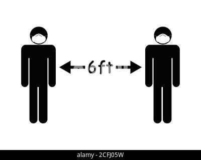 Social Distancing 6ft Stick Figur mit Gesichtsmaske. Schwarz-Weiß-Symbol, das die physische Entfernung von sechs Fuß während des Pandemieausbruchs darstellt, um VI zu verhindern Stock Vektor