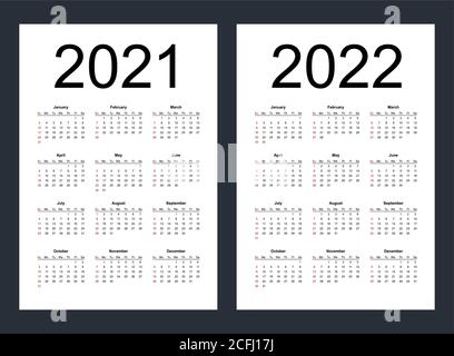 Einfache editierbare Vektorkalender für das Jahr 2021, 2022. Woche beginnt ab Sonntag. Vertikal. Isolierte Vektordarstellung. Stock Vektor