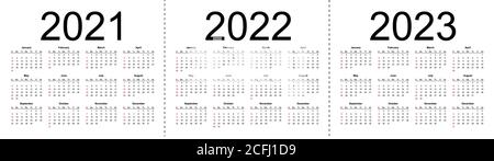 Einfacher Kalender Layout für 2021, 2022 und 2023 Jahre. Woche beginnt ab Sonntag. Isolierte Vektordarstellung auf weißem Hintergrund. Stock Vektor