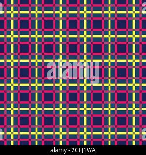 Nahtlose rechteckige Vektor Kontrast Muster als Tartan Plaid vor allem in gedämpften blauen und türkisfarbenen Farben mit hellen rosa und gelben Linien, Textur fo Stock Vektor