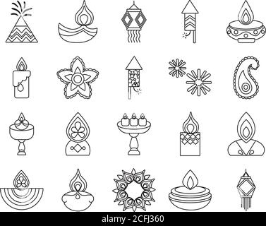 Bündel von zwanzig diwali Satz Linie Stil Symbole Vektor-Illustration Design Stock Vektor