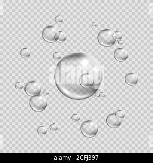 Seifenblasen isoliert auf transparentem Hintergrund. Sprudelnde Luftblasen strömen. Kreise Luftblasen in Wasser ein. Vektorgrafik Stock Vektor