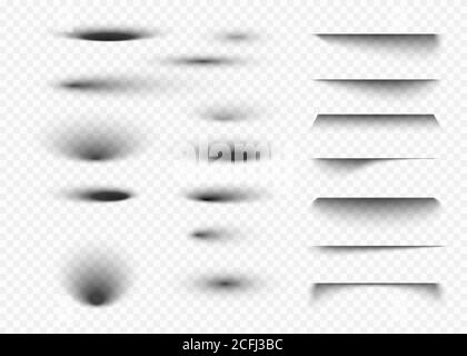 Schatten auf transparentem Hintergrund gesetzt. Ovale Schatten und runde Schattierungen mit weichen Kanten. Vektorgrafik Stock Vektor