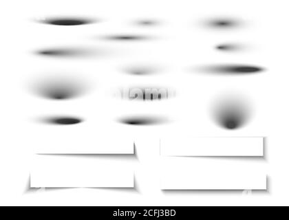 Schatten auf weißem Hintergrund gesetzt. Ovale Schatten und runde Schattierungen mit weichen Kanten. Isolierte Vektordarstellung Stock Vektor