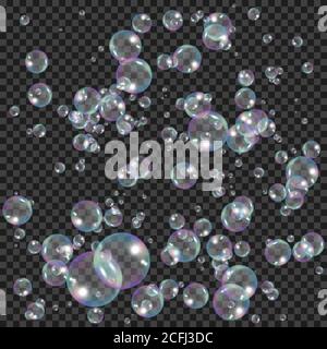 Realistische Seifenblasen mit Regenbogen Reflektion Effekt. Wasserschaumblasen. Vektor Stock Vektor