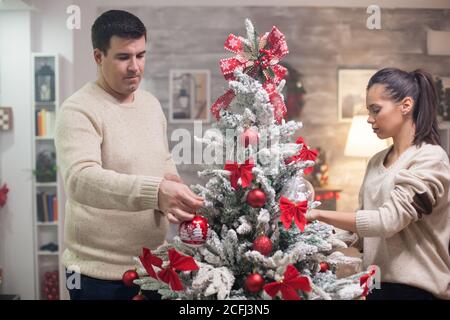 Kaukasisches junges Paar bereitet ihren weihnachtstag im Wohnzimmer vor. Verliebte Paare. Stockfoto