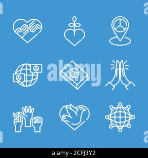 Bundle von neun Human Rights Line Style Set Collection Icons vektorgrafik Design Stock Vektor