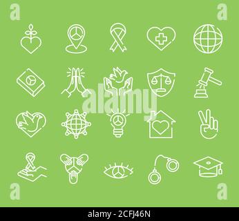 Bündel von zwanzig Human Rights Line Style Set Icons Vektor Illustrationsdesign Stock Vektor