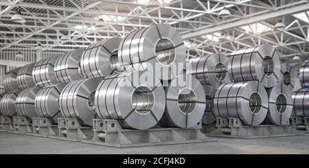 Rollen aus Metallblech. Zink-, Aluminium- oder Stahlblechwalzen im Lager im Werk. 3d-Illustration Stockfoto