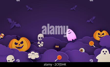 Happy Halloween Banner oder Party Einladung Hintergrund mit Nachtwolken und Kürbisse in Papier geschnitten Stil. Vektor Stock Vektor