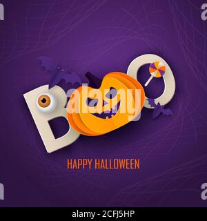 Halloween moderne minimal Design Vorlage für Website, Gruß oder Promo-Banner, Papier geschnitten Stil Flyer mit niedlichen Kürbis und andere traditionelle Stock Vektor