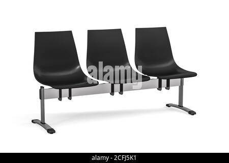 Drei-Sitzer schwarze öffentliche Sitze mit Metallsockel auf weiß Hintergrund - 3d-Rendering Stockfoto