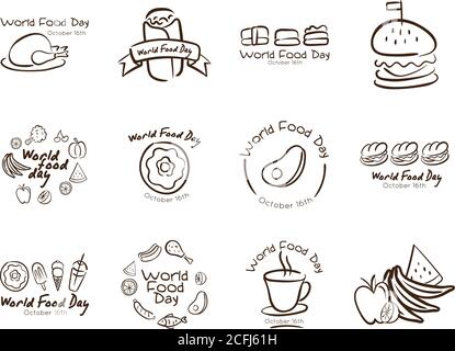 Bündel von zwölf Welt Essen Tag Feier Buchstaben Linie Stil Symbole Vektor Illustration Design Stock Vektor