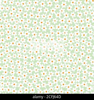 Vektor grün Pastell kompakt Spaß Gänseblümchen Blumen wiederholen Muster mit orangen Zentrum. Geeignet für Textil, Geschenkpapier und Tapeten. Stock Vektor