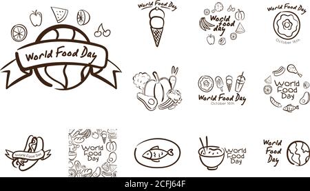 Bündel von zwölf Welt Essen Tag Feier Buchstaben Linie Stil vektorgrafik Design Stock Vektor