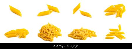 Rohe Penne rigate Form der italienischen Pasta auf weißem Hintergrund. Hochwertige Fotos Stockfoto