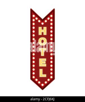 Hotelschild roter Pfeil Neonlichter. Vector Vintage Motel Wand Schild zeigt nach unten. Grafik isolierte Illustration Stock Vektor