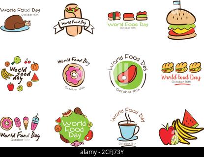Bündel von zwölf Welt Essen Tag Feier Buchstaben flach Stil Symbole Vektor Illustration Design Stock Vektor
