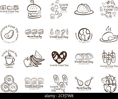 Bündel von zwanzig Welt Essen Tag Feier Buchstaben Linie Stil Symbole Vektor Illustration Design Stock Vektor