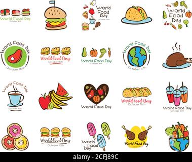 Bündel von zwanzig Welt Essen Tag Feier Buchstaben flach Stil Symbole Vektor Illustration Design Stock Vektor