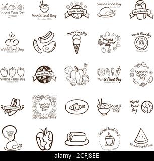 Bündel von fünfundzwanzig Welt Essen Tag Feier Briefpapier Linie Stil Symbole Vektor Illustration Design Stock Vektor